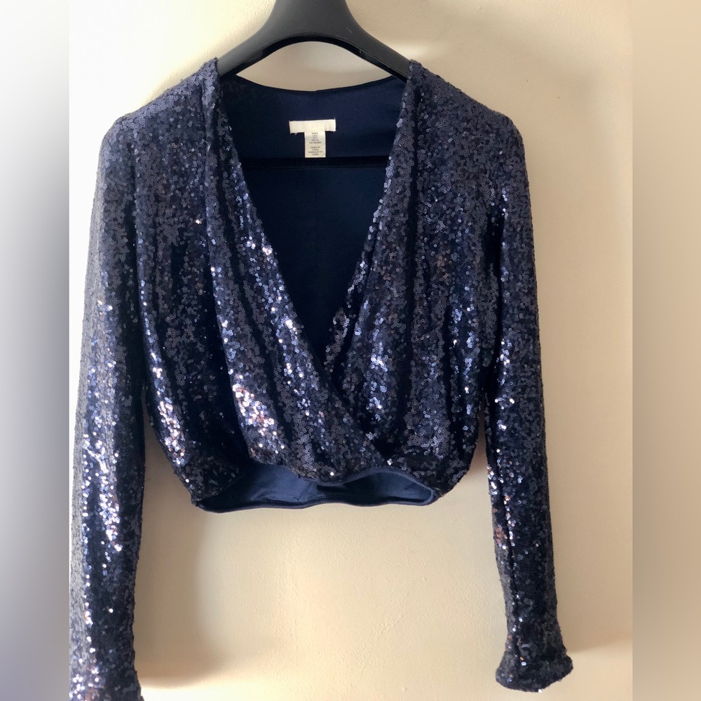 H&M Navy Sequin Wrap Crop Top
